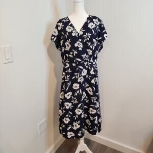 Ann Taylor Womens 18 Night Sky Navy White Floral Midi Dress VNeck Short Sleeve